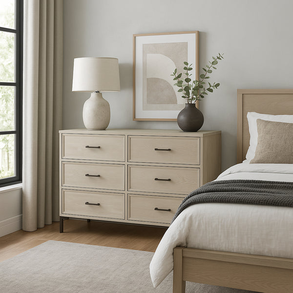 Alpine Furniture Bradley Dresser With Felt-Lined & Cedar Drawers, White Oak Veneer, Smooth Glides, Modern Silhouette Antique White F7210-05
