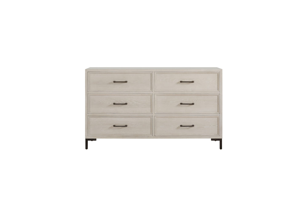 Alpine Furniture Bradley Dresser With Felt-Lined & Cedar Drawers, White Oak Veneer, Smooth Glides, Modern Silhouette Antique White F7210-05