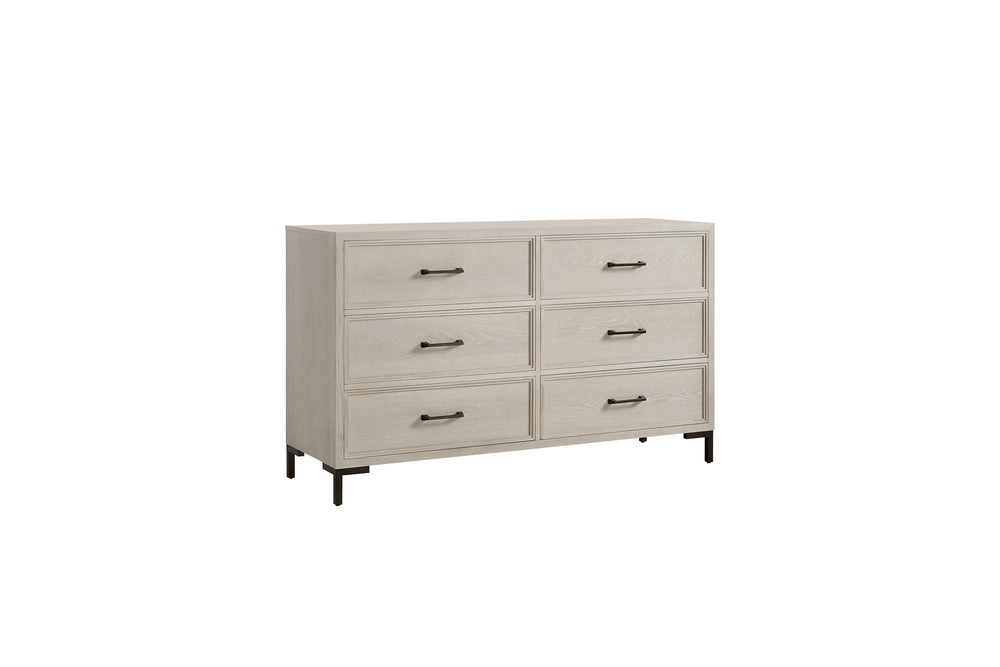 Alpine Furniture Bradley Dresser With Felt-Lined & Cedar Drawers, White Oak Veneer, Smooth Glides, Modern Silhouette Antique White F7210-05