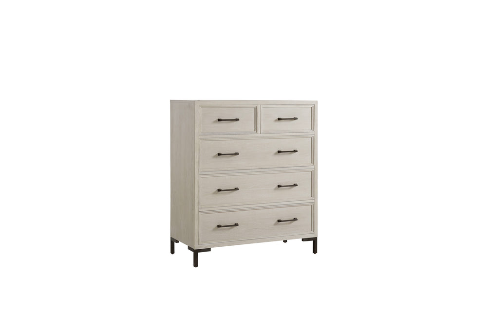 Alpine Furniture Bradley Chest Of Drawers With Cedar & Felt-Lined Drawers, Dovetail Construction, Sleek Metal Legs Antique White F7210-11