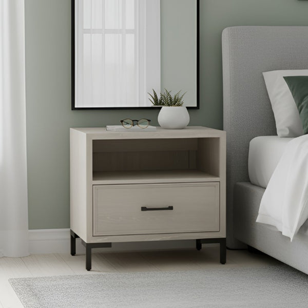 Alpine Furniture Bradley Contemporary Nightstand With Felt-Lined Drawer, Dovetail Construction, Metal Legs, 27"X18"X25" F7210-12