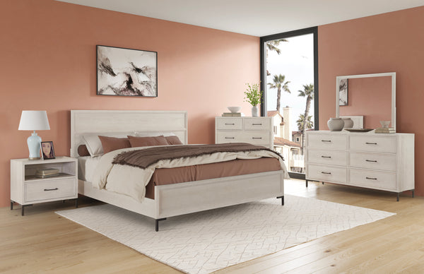 Alpine Furniture Bradley Modern California King Platform Bed With Masonite Support, Metal Levelers, Durable Finish Antique White F7210CK
