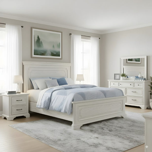 Alpine Furniture Clara Queen Panel Bed With Sherwin Williams Finish — Elegant Durable Design, Solid Slat Support White Mist F7653Q