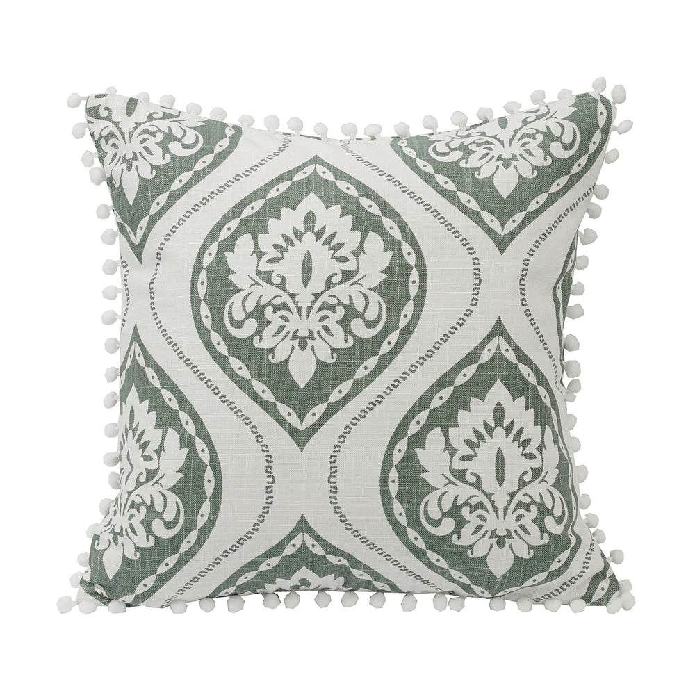 Hiend Accents Belmont Floral Graphic Printed Throw Pillow With Charming Pom-pom Trim For Stylish Home Décor Green,White Shell, 100% Polyester. Fill, 100% Waterfowl Feathers Fb1611p4