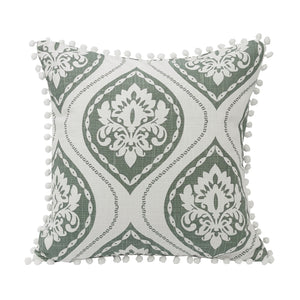 Hiend Accents Belmont Floral Graphic Printed Throw Pillow With Charming Pom-pom Trim For Stylish Home Décor Green,White Shell, 100% Polyester. Fill, 100% Waterfowl Feathers Fb1611p4
