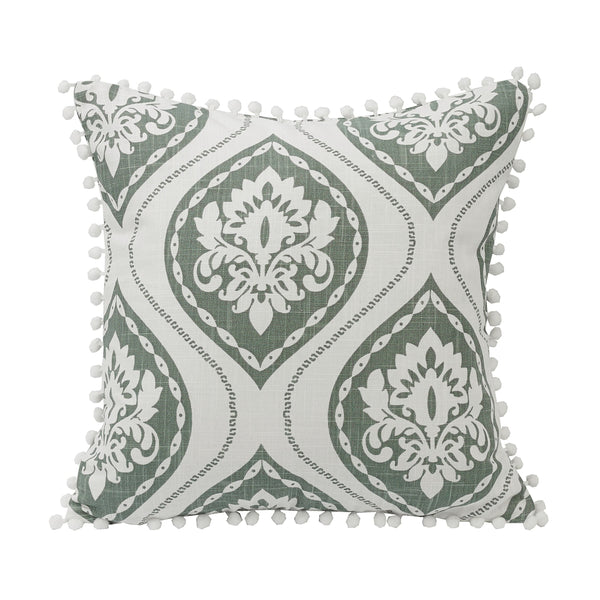 Hiend Accents Belmont Floral Graphic Printed Throw Pillow With Charming Pom-pom Trim For Stylish Home Décor Green,White Shell, 100% Polyester. Fill, 100% Waterfowl Feathers Fb1611p4