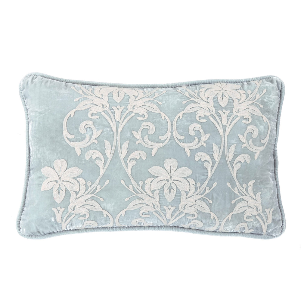Hiend Accents Belle Floral Embroidered Velvet Lumbar Pillow - Luxurious Softness For Elegant Bedroom Decor Light Blue 65% Polyester,35% Nylon,Fill, 100% Waterfowl Feathers Fb1772p1