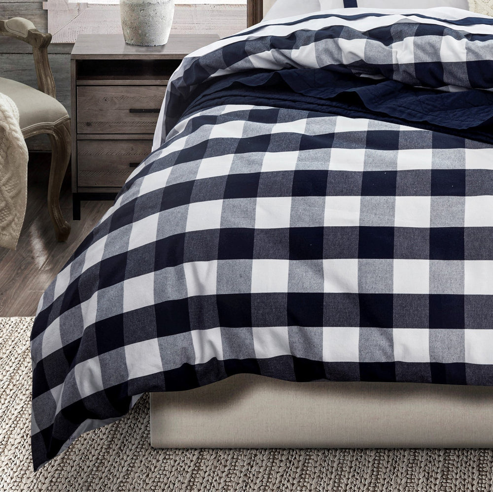 Hiend Accents Camille Buffalo Check Duvet Cover Set - Cozy 3-piece Cotton Ensemble For A Charming Bedroom Retreat Navy 100% Cotton Fb1778ds-sk-na