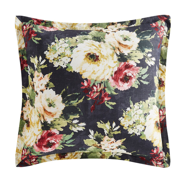 Hiend Accents Peony Washed Linen Euro Sham - Watercolor Floral Design For A Cozy, Romantic Bedroom Retreat Charcoal Face And Back, 70% Viscose,30% Linen Fb2212es-os-cl