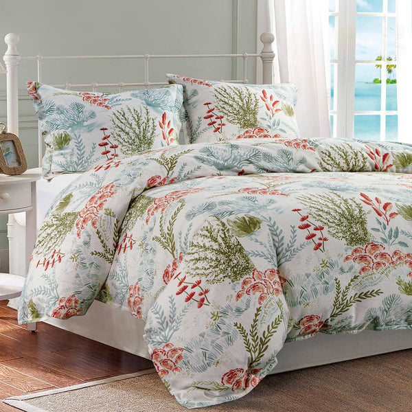 Hiend Accents Oceania Duvet Cover Set - 3 Piece Bedding Ensemble For A Serene And Tranquil Bedroom Retreat Coral Duvet Cover ,Face, 70% Viscose,30% Linen,Back, 100% Cotton. Pillow Sham ,70% Viscose,30% Linen. Fb2248ds-sk-co