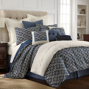 Hiend Accents Monterrey Duvet Cover Set - Luxurious 4-piece Collection With Alhambra Pattern For Elegant Bedrooms Blue,White Duvet Cover ,Face And Back, 100% Polyester. Bed Skirt ,Skirt, 55% Cotton,45% Linen,Decking, 100% Polyester. Pillow Sham ,50% Polyester,25% Cotton,25% Linen. Fb3970-sq-oc