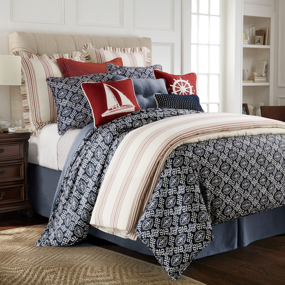 Hiend Accents Monterrey Duvet Cover Set - Luxurious 4-piece Collection With Alhambra Pattern For Elegant Bedrooms Blue,White Duvet Cover ,Face And Back, 100% Polyester. Bed Skirt ,Skirt, 55% Cotton,45% Linen,Decking, 100% Polyester. Pillow Sham ,50% Polyester,25% Cotton,25% Linen. Fb3970-sq-oc