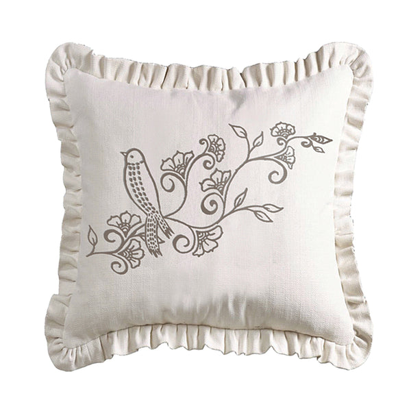 Hiend Accents Gramercy Embroidered Weave Ruffled Pillow With Elegant Bird And Floral Motifs For Stylish Decor White Shell, 100% Polyester ,Filling, 100% Polyester Fb4160p3