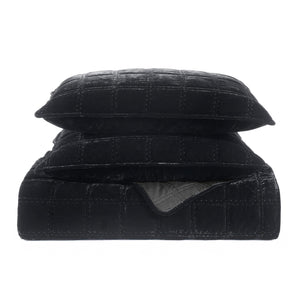 Hiend Accents Stella Faux Silk Double Box Stitch Quilt Set - Luxurious 3 Piece Bedding For Elegant Bedrooms Black Face, 70% Rayon,30% Nylon,Back, 100% Cotton,Fill, 100% Polyester Fb6600-kg-bk