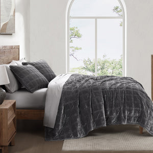 Hiend Accents Stella Faux Silk Double Box Stitch Quilt Set - Luxurious 3 Piece Bedding For Elegant Bedrooms Slate Face, 70% Rayon,30% Nylon,Back, 100% Cotton,Fill, 100% Polyester Fb6600-kg-sl