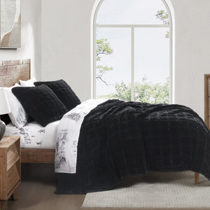 Hiend Accents Stella Faux Silk Double Box Stitch Quilt Set - Luxurious 3 Piece Bedding For Elegant Bedrooms Black Face And Back, 70% Rayon,30% Nylon,Fill, 100% Polyester Fb6600-qn-bk