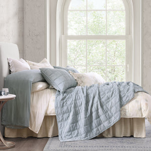 Hiend Accents Stella Faux Silk Double Box Stitch Quilt Set - Luxurious 3 Piece Bedding For Elegant Bedrooms Icy Blue Face And Back, 70% Rayon,30% Nylon,Fill, 100% Polyester Fb6600-qn-ib