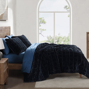 Hiend Accents Stella Faux Silk Double Box Stitch Quilt Set - Luxurious 3 Piece Bedding For Elegant Bedrooms Midnight Blue Face And Back, 70% Rayon,30% Nylon,Fill, 100% Polyester Fb6600-qn-mb