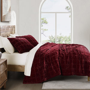 Hiend Accents Stella Faux Silk Double Box Stitch Quilt Set - Luxurious 3 Piece Bedding For Elegant Bedrooms Garnet Red Face And Back, 70% Rayon,30% Nylon,Fill, 100% Polyester Fb6600-qn-rd