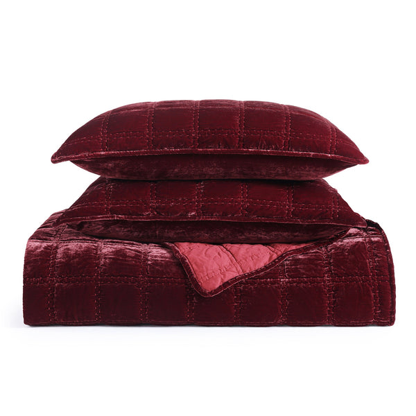 Hiend Accents Stella Faux Silk Double Box Stitch Quilt Set - Luxurious 3 Piece Bedding For Elegant Bedrooms Garnet Red Face And Back, 70% Rayon,30% Nylon,Fill, 100% Polyester Fb6600-qn-rd