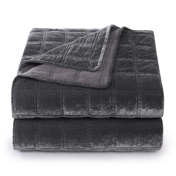 Hiend Accents Stella Faux Silk Double Box Stitch Quilt Set - Luxurious 3 Piece Bedding For Elegant Bedrooms Slate Face And Back, 70% Rayon,30% Nylon,Fill, 100% Polyester Fb6600-qn-sl