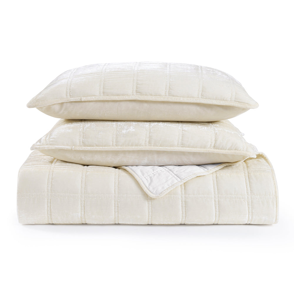 Hiend Accents Stella Faux Silk Double Box Stitch Quilt Set - Luxurious 3 Piece Bedding For Elegant Bedrooms Stone Face And Back, 70% Rayon,30% Nylon,Fill, 100% Polyester Fb6600-qn-st