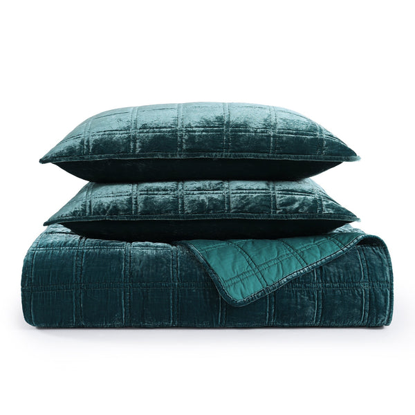 Hiend Accents Stella Faux Silk Double Box Stitch Quilt Set - Luxurious 3 Piece Bedding For Elegant Bedrooms Storm Blue Face, 70% Rayon,30% Nylon,Back, 100% Cotton,Fill, 100% Polyester Fb6600-kg-su