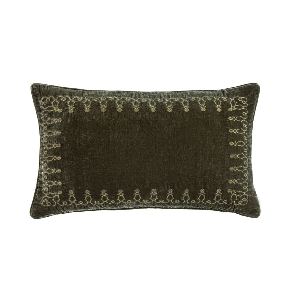 Hiend Accents Stella Faux Silk Velvet Lumbar Pillow With Elegant Embroidery For Luxurious Home Decor Style Fern Green Shell, 70% Rayon,30% Nylon,Fill, 100% Waterfowl Feathers Fb6800p6-os-fg