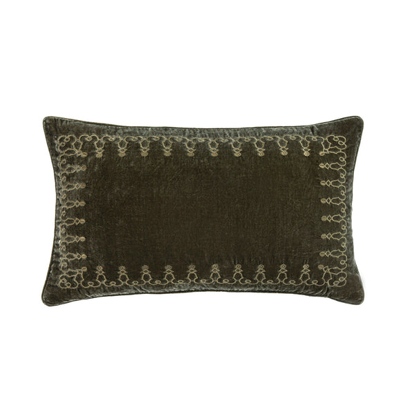 Hiend Accents Stella Faux Silk Velvet Lumbar Pillow With Elegant Embroidery For Luxurious Home Decor Style Fern Green Shell, 70% Rayon,30% Nylon,Fill, 100% Waterfowl Feathers Fb6800p6-os-fg
