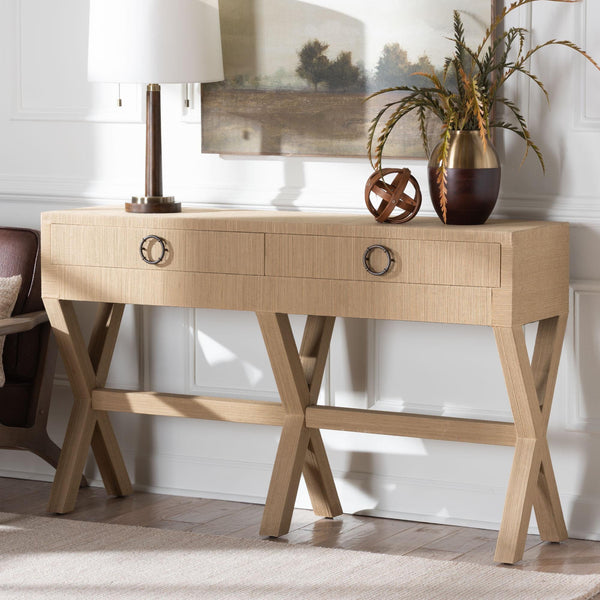 Bali & Pari Hilliard Handwoven Grasscloth Entryway Console with Two Storage Drawers