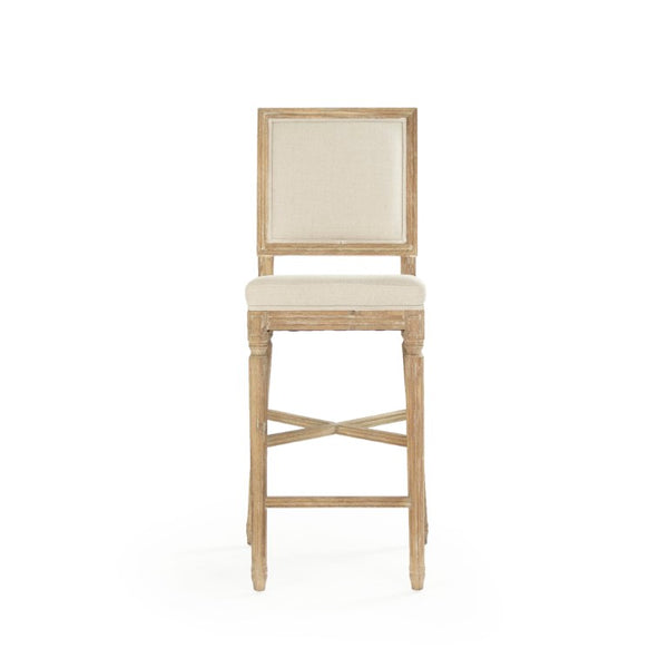 Zentique Louis Oak Bar Stool with Linen Seat — Classic Contoured Comfort, Durable Solid Frame for Kitchens W17 x H46.5 x D18 FC010-35 Bar E272 A003