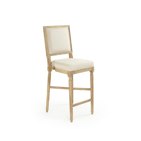 Zentique Louis Oak Bar Stool with Linen Seat — Classic Contoured Comfort, Durable Solid Frame for Kitchens W17 x H46.5 x D18 FC010-35 Bar E272 A003