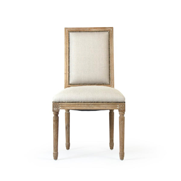 Zentique Louis Side Chair — Solid Oak Frame with Breathable Linen Upholstery, Curved Back for Ergonomic Comfort Limed Grey Oak, Natural Linen FC010-4 E272 A003 w/ Nailhead