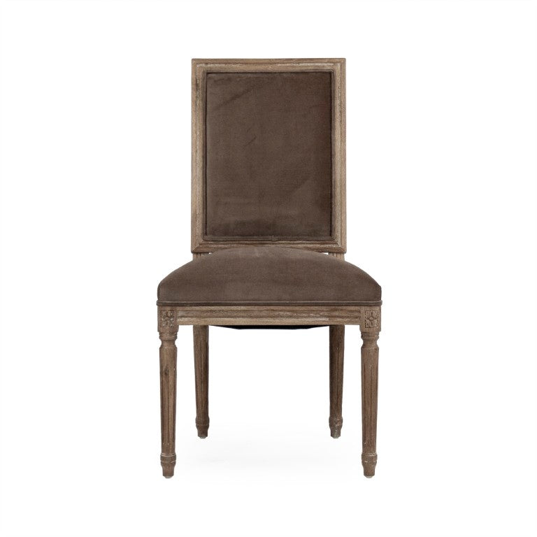 Zentique Louis Side Chair with Solid Oak Frame and Plush Velvet Upholstery for Stylish, Comfortable Seating Limed Grey Oak, Brown Velvet FC010-4 E272 V011