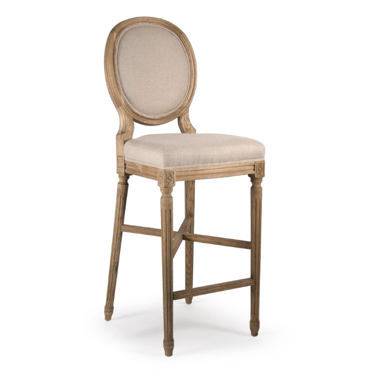 Zentique Medallion Bar Stool with Solid Oak Frame and Linen Upholstery — Comfortable Contoured Support, Durable Craftsmanship Limed Grey Oak, Copper Linen FC011-35 Bar E271 A006