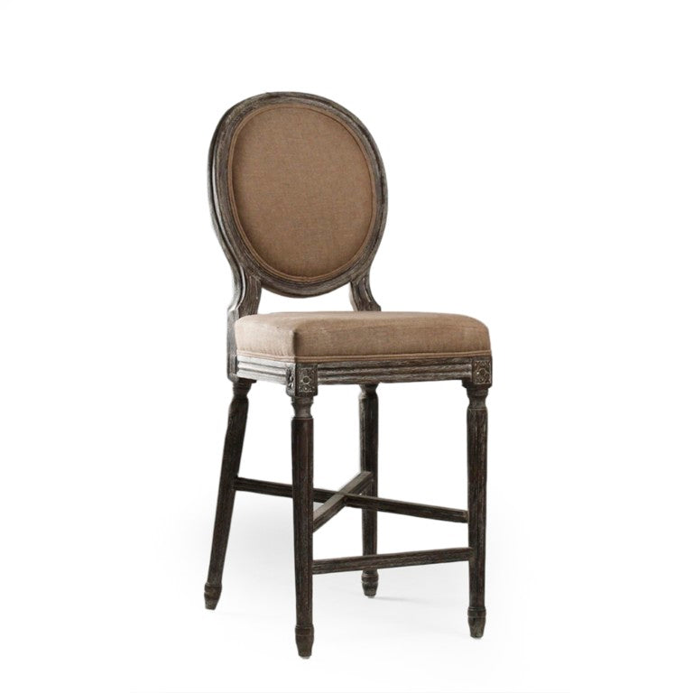 Zentique Medallion Counter Stool with Solid Oak Frame and Neutral Linen Upholstery — Timeless Comfort & Support Limed Grey Oak, Aubergine Linen FC011-35 Counter E272 A008