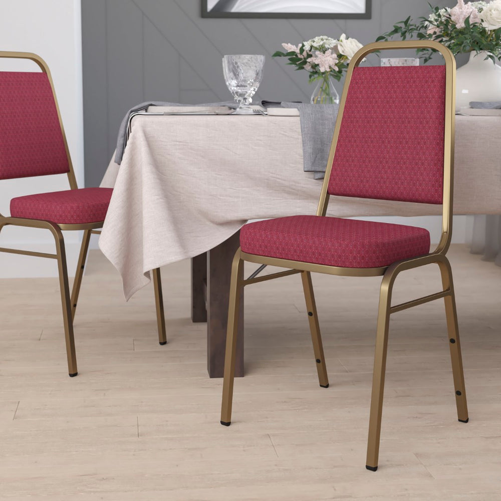 English Elm HERCULES Trapezoidal Back Stacking Banquet Chair - Stylish, Durable Comfort for Events & Gatherings Burgundy Patterned Fabric/Gold Frame FD-BHF-1-ALLGOLD-0847-BY-GG