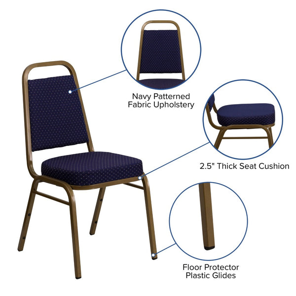 English Elm HERCULES Trapezoidal Back Stacking Banquet Chair - Stylish, Durable Comfort for Events & Gatherings Navy Patterned Fabric/Gold Frame FD-BHF-1-ALLGOLD-0849-NVY-GG