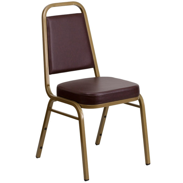 English Elm HERCULES Trapezoidal Back Stacking Banquet Chair - Stylish, Durable Comfort for Events & Gatherings Brown Vinyl/Gold Frame FD-BHF-1-ALLGOLD-BN-GG