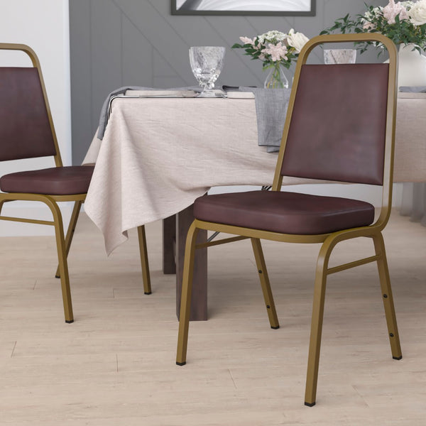 English Elm HERCULES Trapezoidal Back Stacking Banquet Chair - Stylish, Durable Comfort for Events & Gatherings Brown Vinyl/Gold Frame FD-BHF-1-ALLGOLD-BN-GG