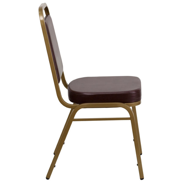 English Elm HERCULES Trapezoidal Back Stacking Banquet Chair - Stylish, Durable Comfort for Events & Gatherings Brown Vinyl/Gold Frame FD-BHF-1-ALLGOLD-BN-GG