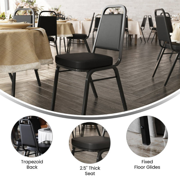 English Elm HERCULES Trapezoidal Back Stacking Banquet Chair - Stylish, Durable Comfort for Events & Gatherings Black Vinyl/Black Frame FD-BHF-1-GG