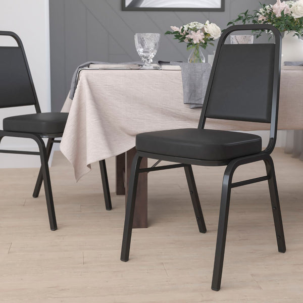 English Elm HERCULES Trapezoidal Back Stacking Banquet Chair - Stylish, Durable Comfort for Events & Gatherings Black Vinyl/Black Frame FD-BHF-1-GG