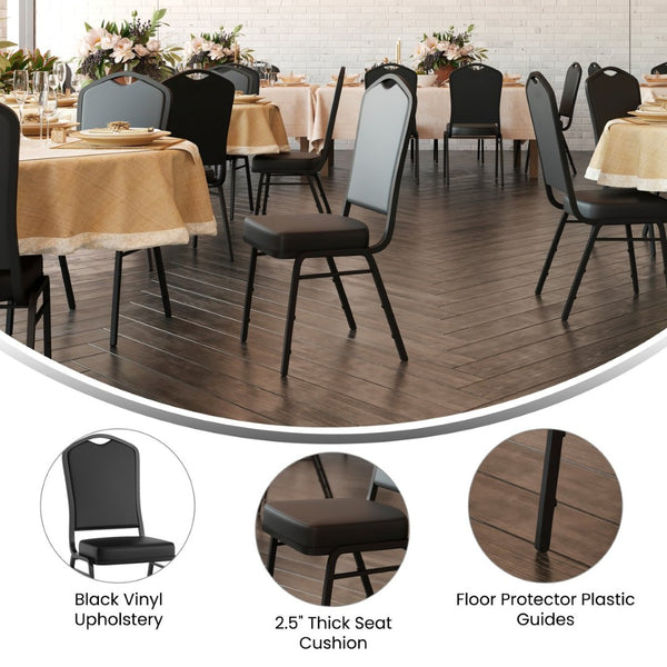 English Elm HERCULES Crown Back Stacking Banquet Chair - Durable, Comfortable Seating for Events & Dining Spaces Black Vinyl/Black Frame FD-C01-B-BK-VY-GG