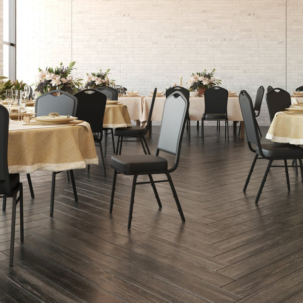 English Elm HERCULES Crown Back Stacking Banquet Chair - Durable, Comfortable Seating for Events & Dining Spaces Black Vinyl/Black Frame FD-C01-B-BK-VY-GG
