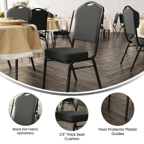 English Elm HERCULES Crown Back Stacking Banquet Chair - Durable, Comfortable Seating for Events & Dining Spaces Black Dot Patterned Fabric/Black Frame FD-C01-B-S076-GG
