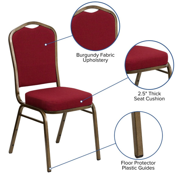 English Elm HERCULES Crown Back Banquet Chair - Elegant Navy Upholstered Seat, Sturdy Gold Frame for Events Burgundy Fabric/Gold Vein Frame FD-C01-GOLDVEIN-3169-GG