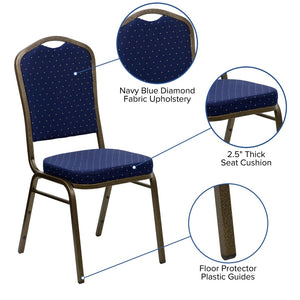 English Elm HERCULES Crown Back Banquet Chair - Elegant Navy Upholstered Seat, Sturdy Gold Frame for Events Navy Blue Dot Patterned Fabric/Gold Vein Frame FD-C01-GOLDVEIN-S0810-GG