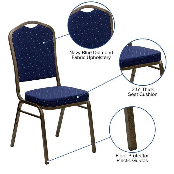 English Elm HERCULES Crown Back Banquet Chair - Elegant Navy Upholstered Seat, Sturdy Gold Frame for Events Navy Blue Dot Patterned Fabric/Gold Vein Frame FD-C01-GOLDVEIN-S0810-GG
