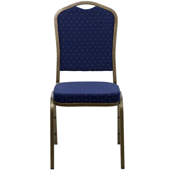 English Elm HERCULES Crown Back Banquet Chair - Elegant Navy Upholstered Seat, Sturdy Gold Frame for Events Navy Blue Dot Patterned Fabric/Gold Vein Frame FD-C01-GOLDVEIN-S0810-GG